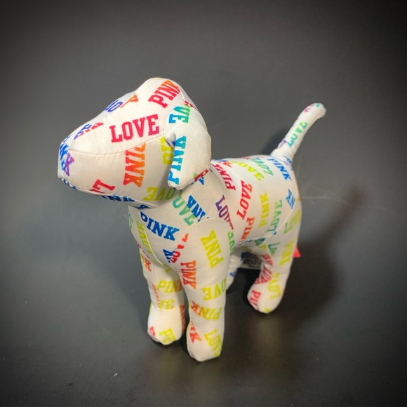 PINK by Victoria's Secret White Dog Rainbow Love and Graffiti Plush Dog Lot of 2 - Picture 3 of 13